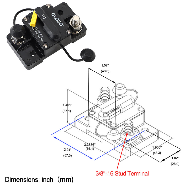 GLOSO E92 T3 IP67 3/8" Stud Manual Reset Circuit Breaker (50A-200A)