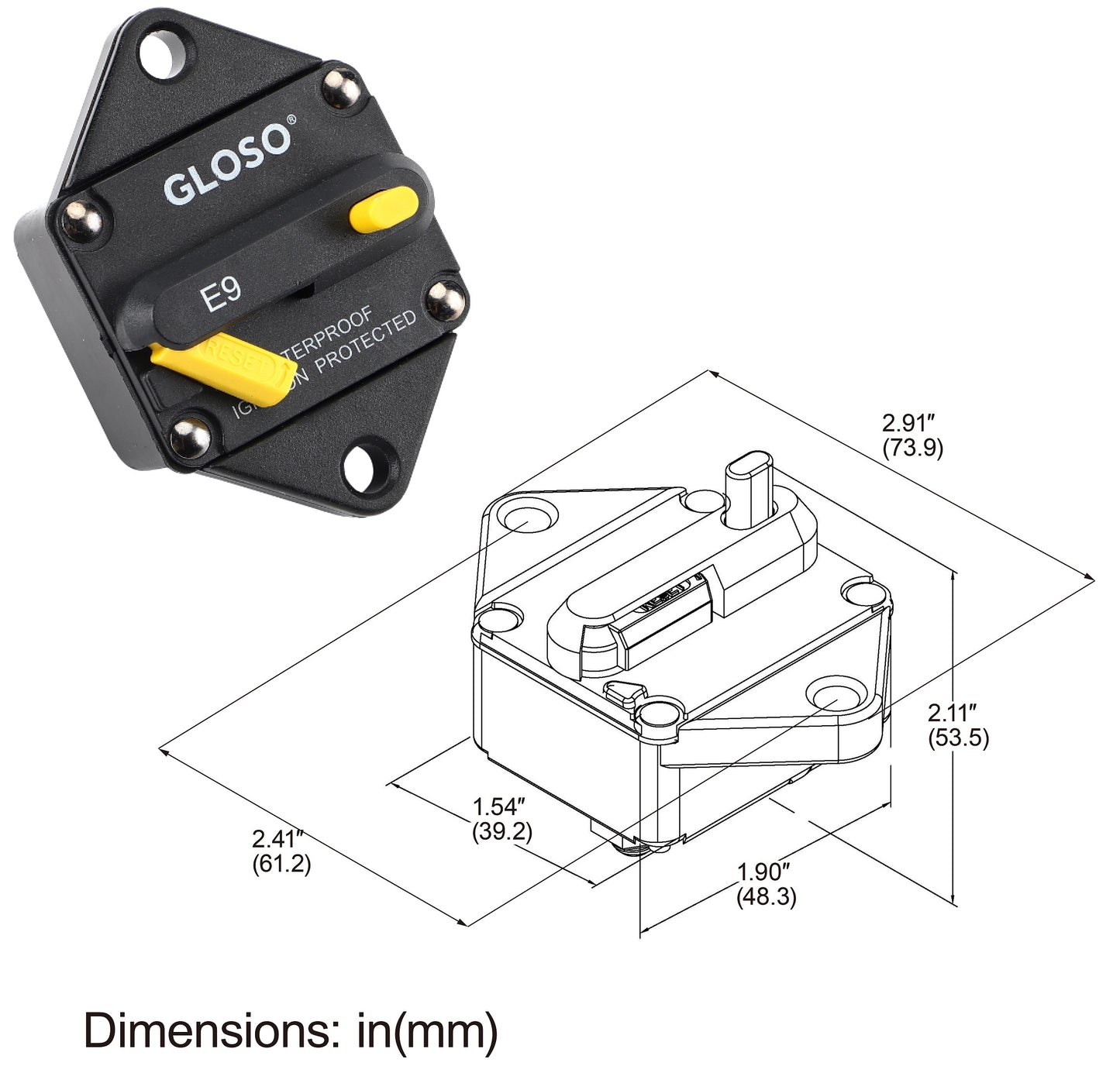 GLOSO E96 T3 Panel Mount Waterproof IP67 with Gasket Circuit Breaker (25A-150A)