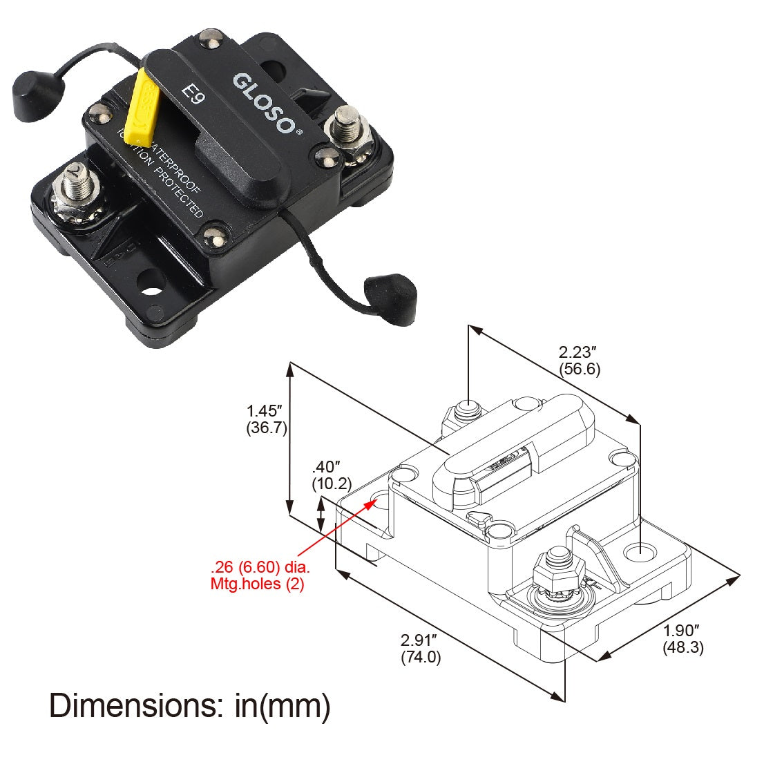 GLOSO E98 T3 Manual Reset Waterproof IP67 1/4" Stud Circuit Breaker (30A-150A)