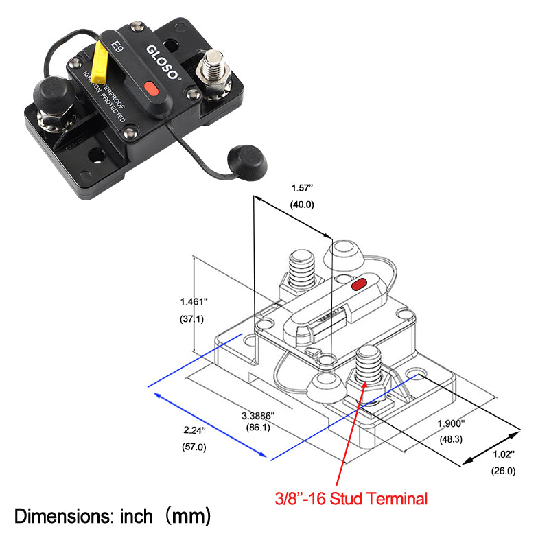 GLOSO E9S T3 with Recessed Push Button 3/8" Diagonal Stud Circuit Breaker (25A-200A)